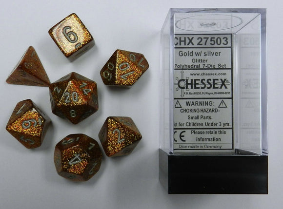 Polyhedral Dice Set: Glitter Gold with Silver