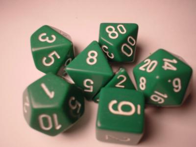 Chessex Dice Sets: Green/White Opaque poly 7 Dice Set